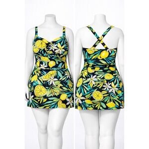 Denim & Co Womens 12 Lemon Print Sweetheart Twist Front Swim Dress Black NWOT